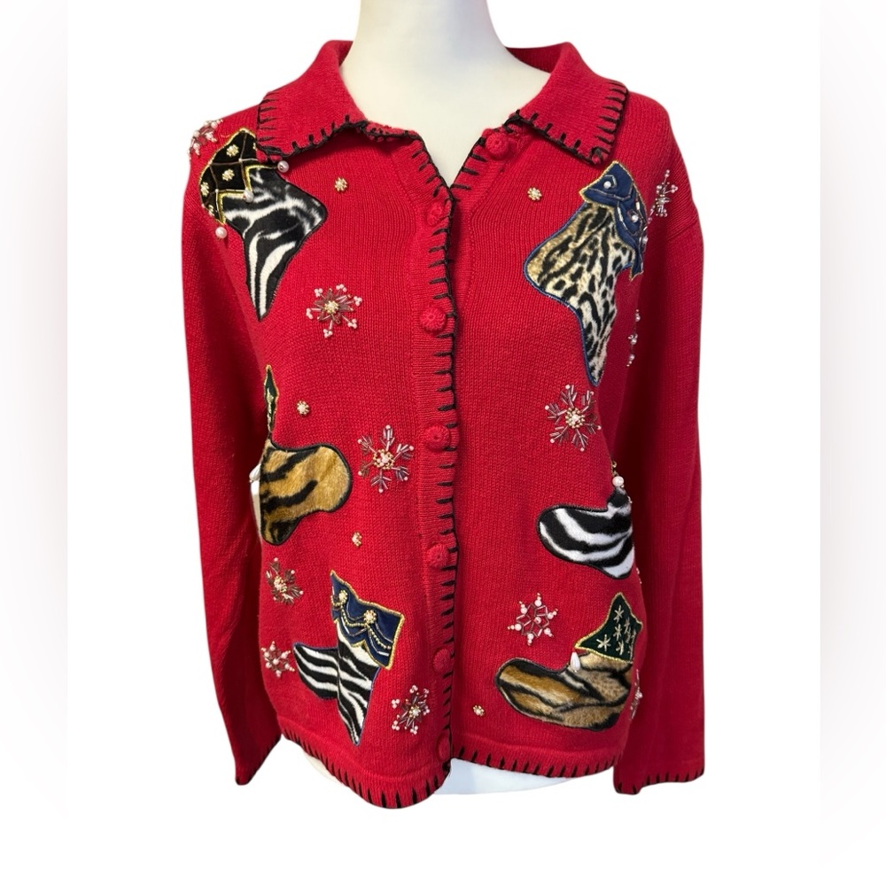 Vintage Nutcracker Christmas Cardigan Sweater Red Animal Print Stockings medium - Picture 6 of 16
